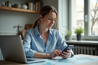 Femme française regardant son téléphone dans un appartement parisien