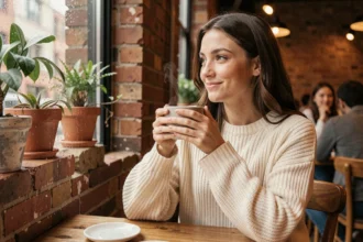 Jeune femme pensive dans un café tenant une tasse de thé, regard nostalgique vers la fenêtre sous la pluie, évoquant une relation naissante et l'absence de l'autre