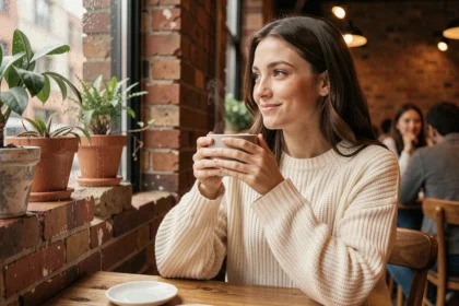 Jeune femme pensive dans un café tenant une tasse de thé, regard nostalgique vers la fenêtre sous la pluie, évoquant une relation naissante et l'absence de l'autre