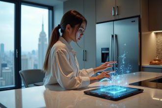 Jeune femme utilisant une tablette AR dans une cuisine moderne