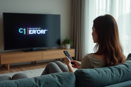Femme regardant un écran TV avec erreur C1 dans le salon
