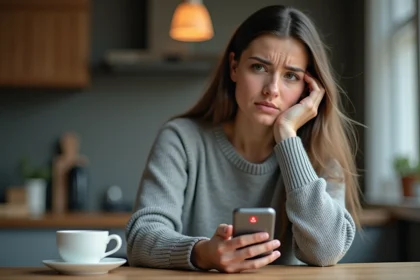 Femme tenant un smartphone Android avec un message SMS bloqué affichant une erreur de livraison