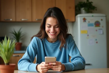 Femme souriante en cuisine envoi SMS anniversaire