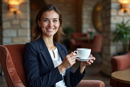 Femme souriante en blazer dans un lobby élégant