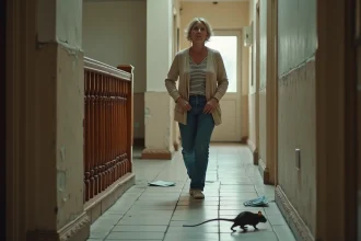 Femme surprise dans un appartement ancien avec un rat au sol