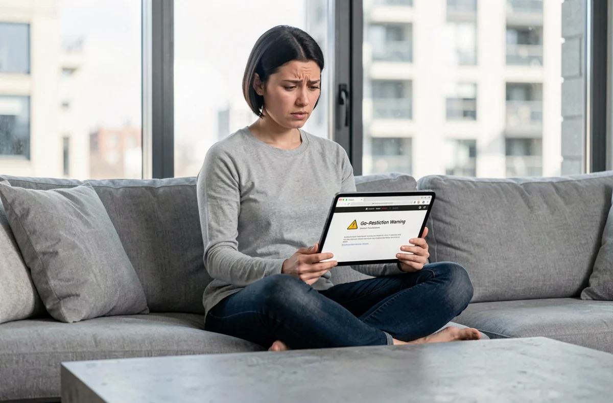 Femme sur canapé consultant une page bloquée sur une tablette avec message de restriction géographique