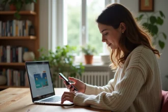 Femme utilisant son smartphone pour un transfert blockchain à la maison