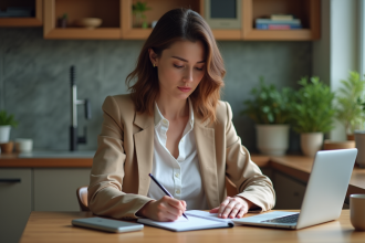 Jeune femme concentrée travaillant à son bureau à domicile