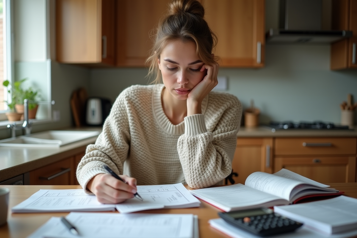 Jeune femme travaillant sur ses papiers dans la cuisine