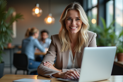 Femme souriante travaillant sur son ordinateur dans un espace coworking