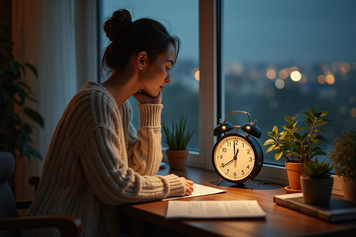 Femme en pull tricoté contemplant une horloge à 23h23