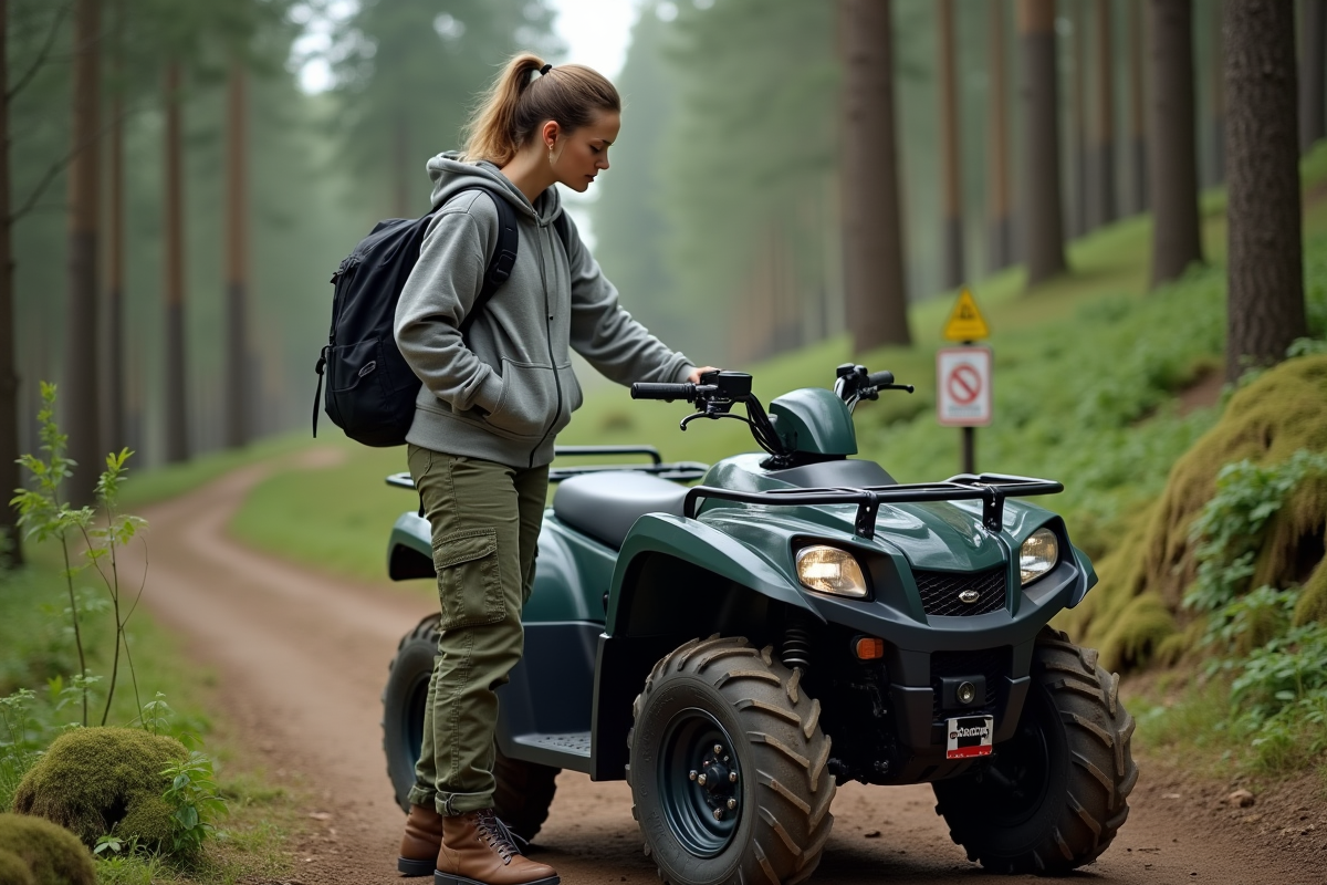 Femme vérifiant son quad à côté d une forêt
