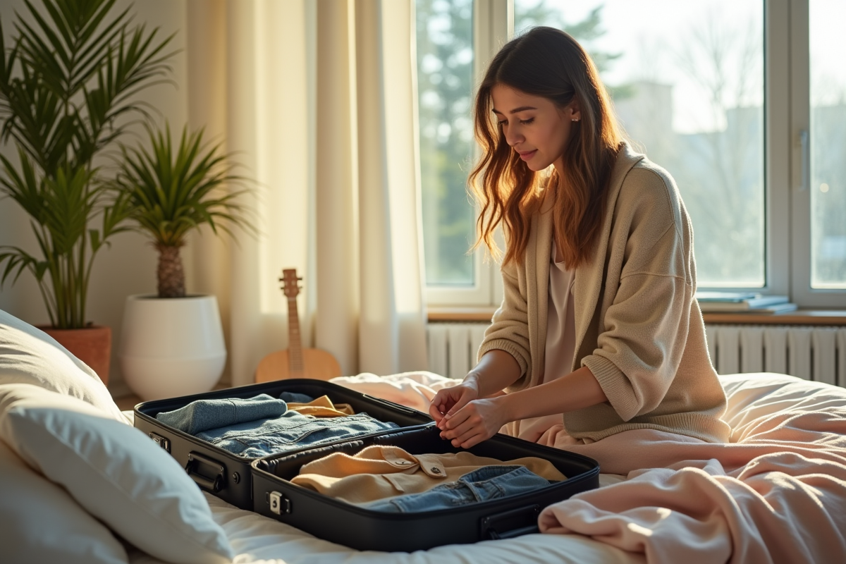 Femme préparant sa valise avec vêtements colorés dans une chambre lumineuse