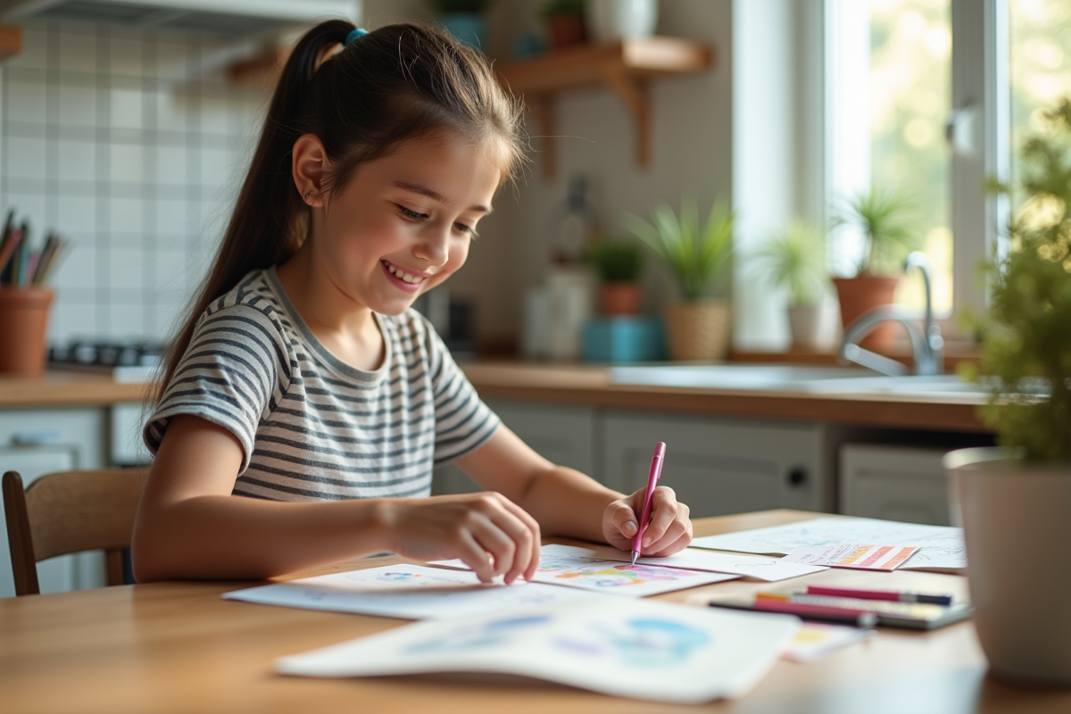 Fille de 12 ans assemble des pamphlets dans la cuisine