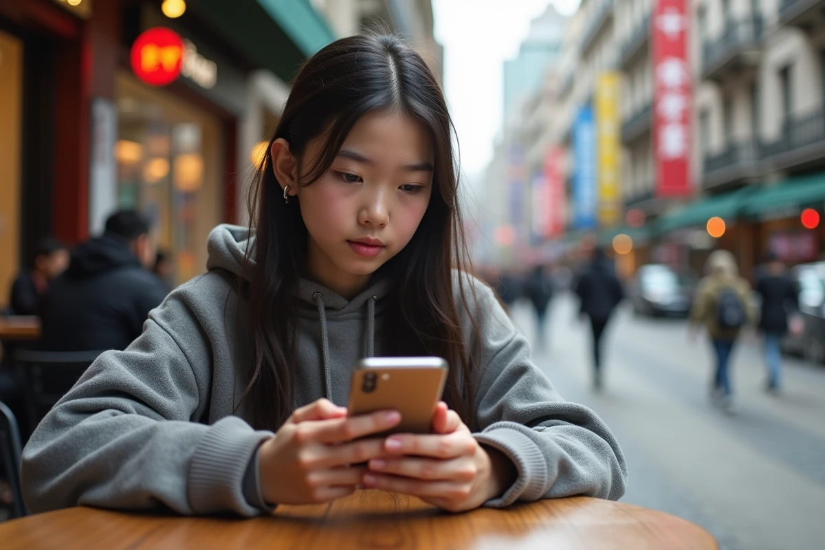 Adolescente au café regardant manga sur smartphone