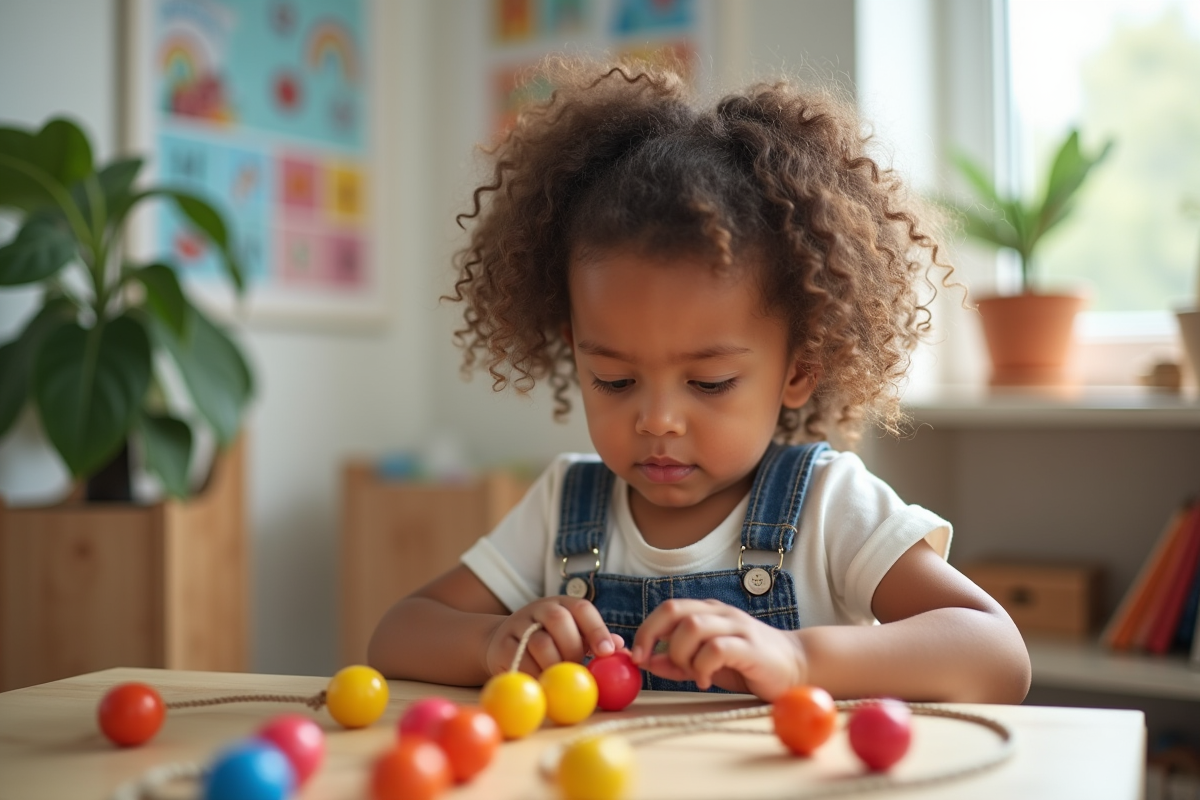 Jeune fille en dungaree enfilant des perles colorées