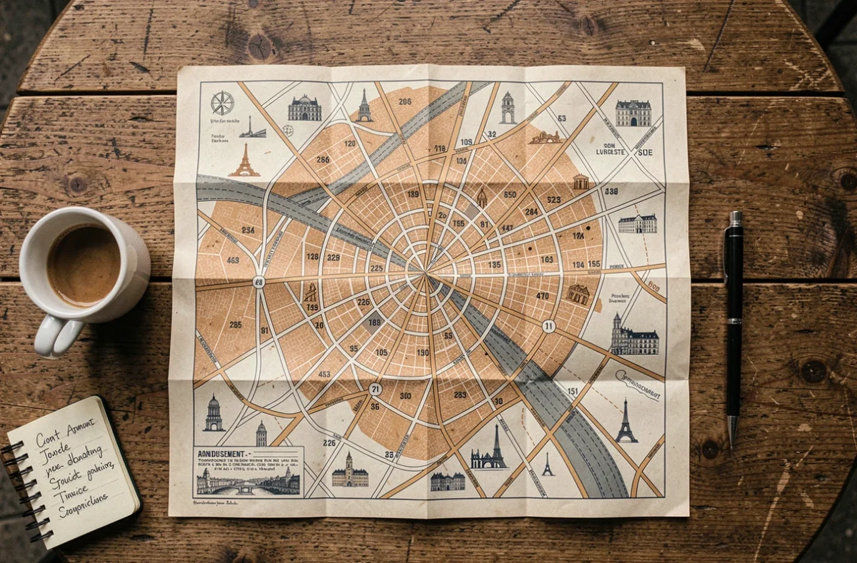 Vue aérienne d'un plan vintage des arrondissements de Paris posé sur une table en bois avec carnet et café