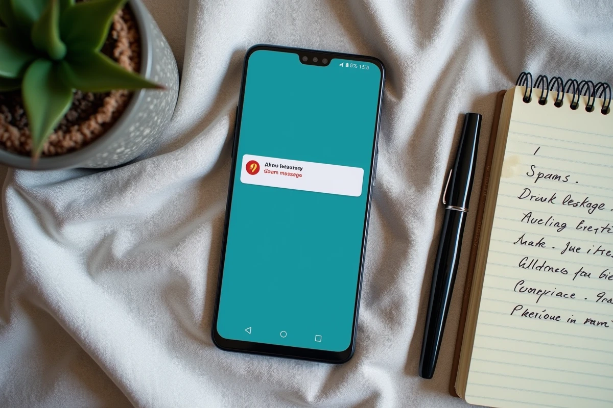 Vue aérienne d'un smartphone Android affichant une alerte de SMS bloqué posé sur une surface en lin