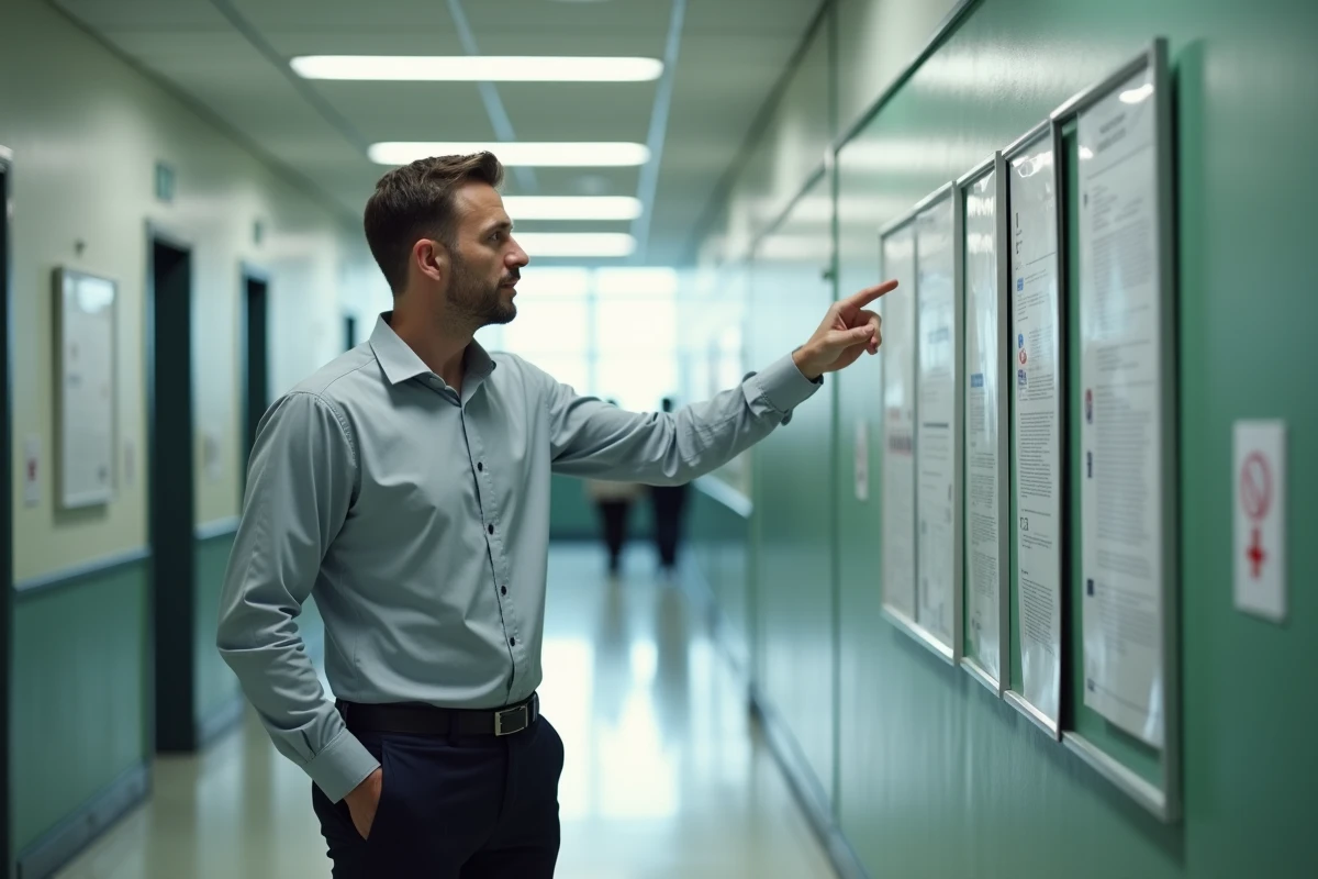 Fonctionnaire attaché hors classe présentant une grille de progression de carrière affichée dans un couloir administratif