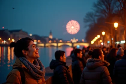 Foule réunie sur les quais du Rhône à Lyon pour observer un feu d'artifice du Nouvel An 2026