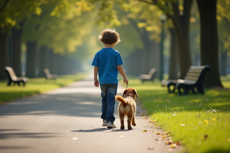 Garçon de 12 ans promenant un petit chien dans un parc