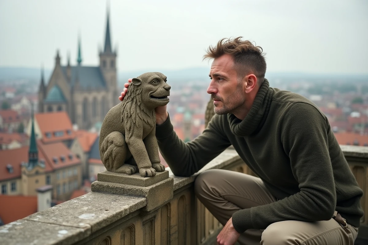 Homme admirant une gargouille gothique sur le toit de la cathédrale de Strasbourg avec panorama urbain