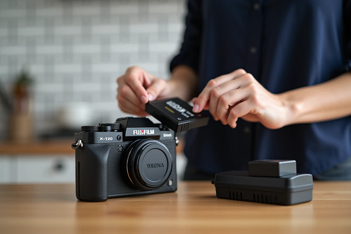Gestion de la batterie d'un Fujifilm X-T20 pour optimiser sa longévité, avec chargeur et batterie de rechange