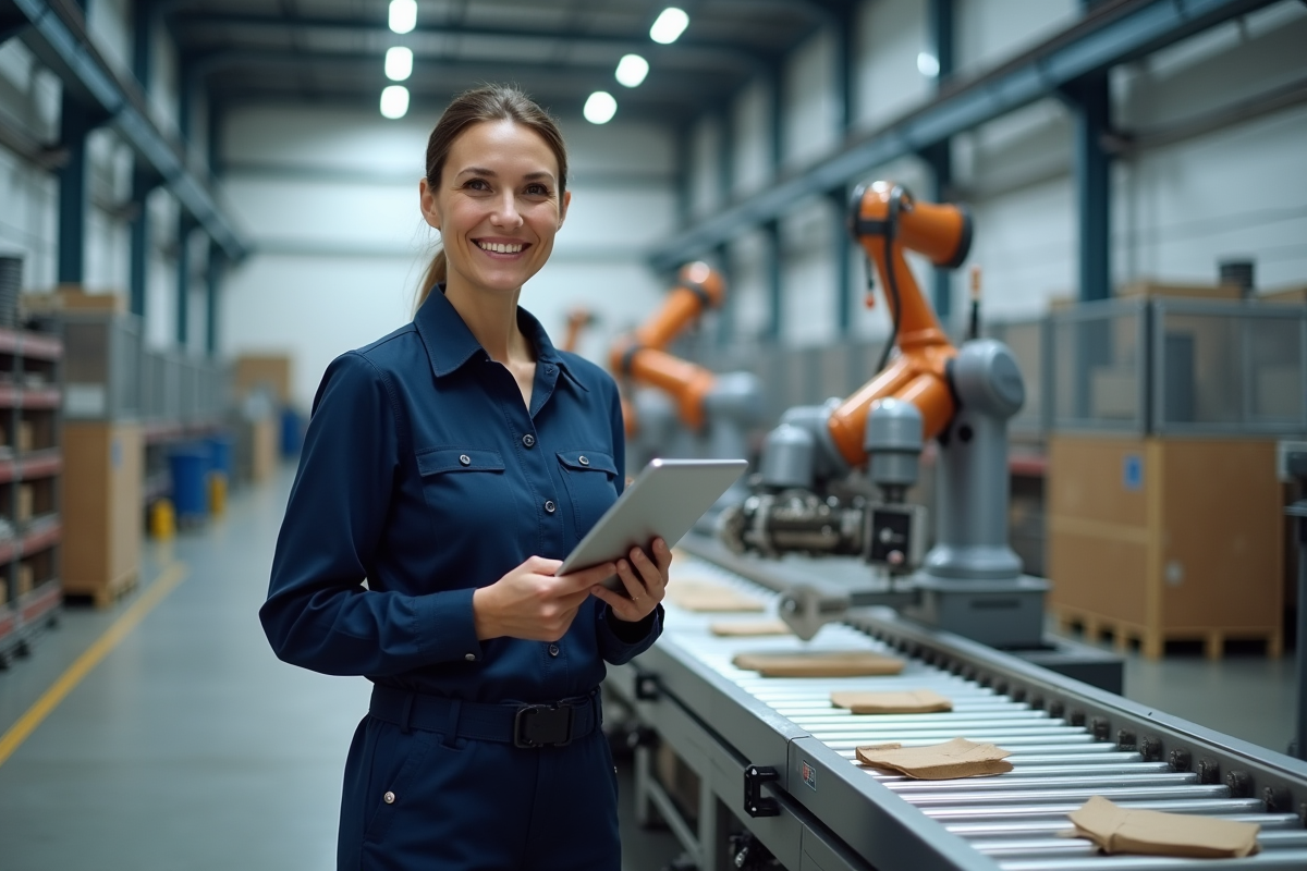 Manager industriel avec convoyeur automatisé et bras robotique