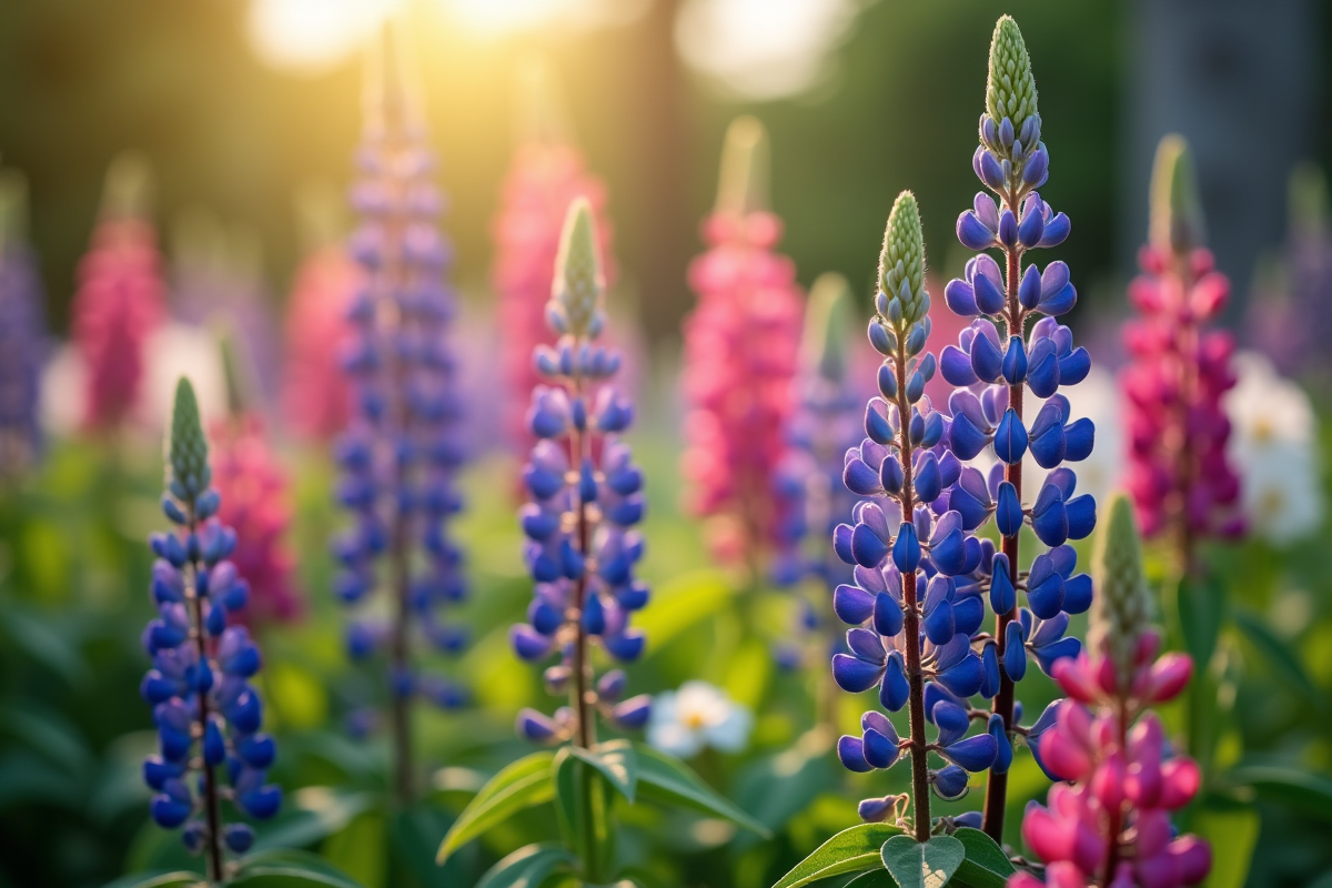 Gros plan sur lupines et lobelias dans le jardin