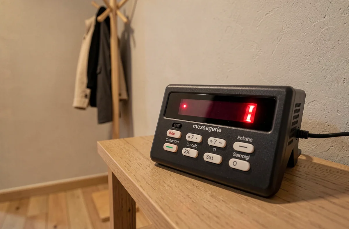 Gros plan sur le panneau de boutons d'un répondeur téléphonique fixe Free avec voyant clignotant