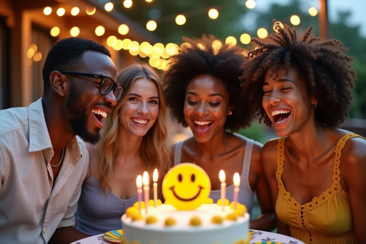 Groupe d'amis riant autour d'un gâteau d'anniversaire décoré d'un smiley lors d'une fête en jardin