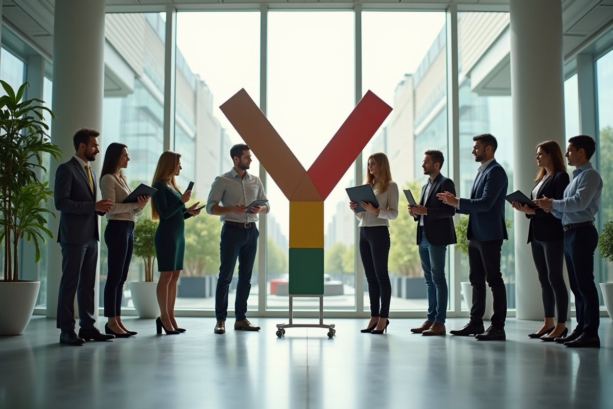 Groupe de professionnels dans un hall lumineux formant un Y