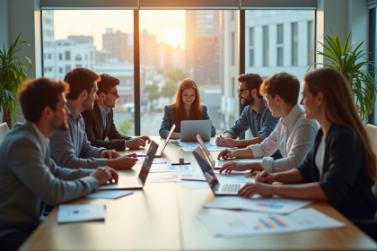 Groupe de jeunes professionnels en réunion dans un bureau lumineux