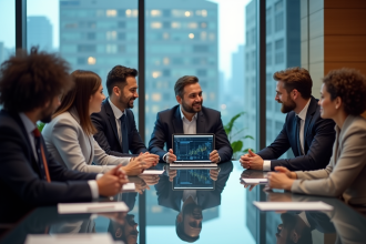 Groupe de professionnels discutant autour d'une table avec visualisations AI