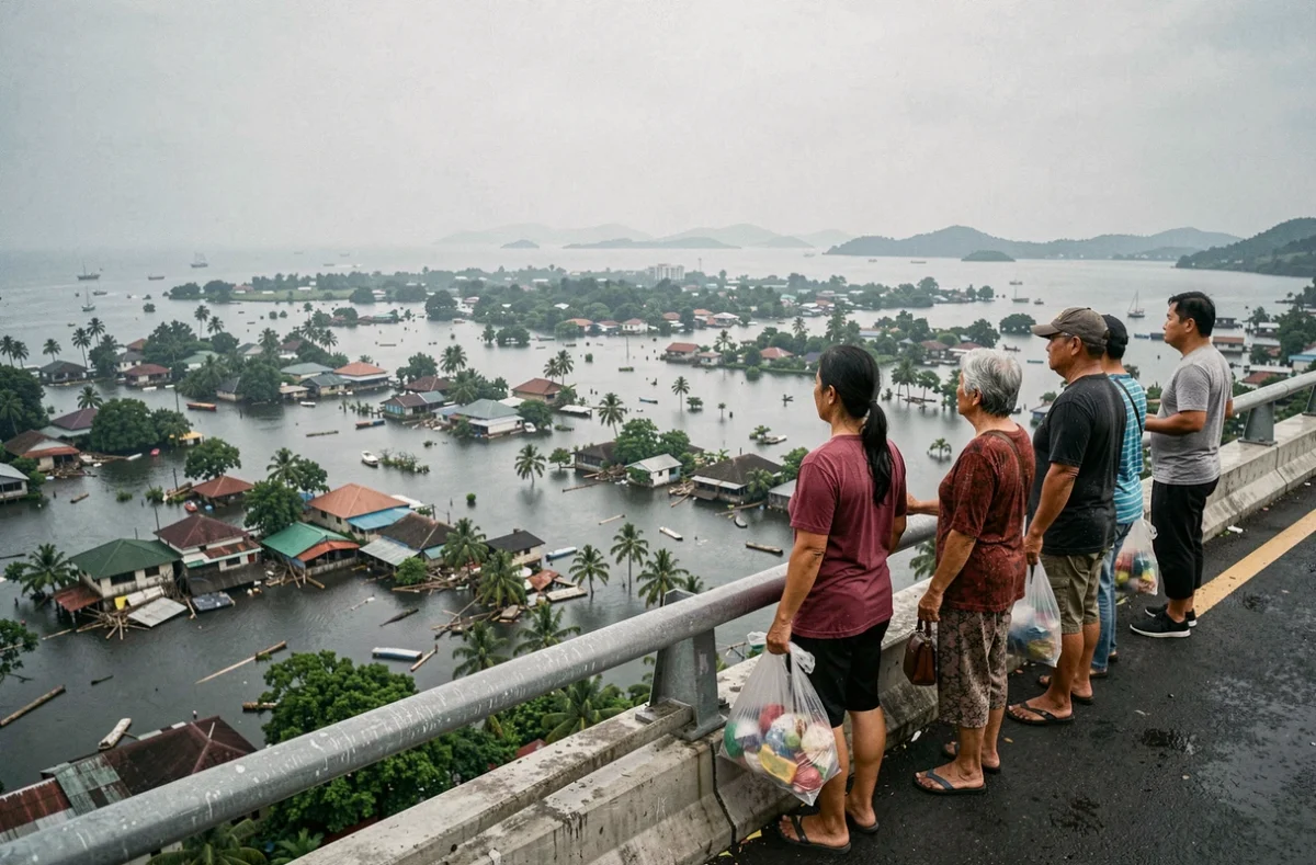 Habitants de Phuket observant depuis un pont surélevé l'étendue des inondations causées par le tsunami de 2026