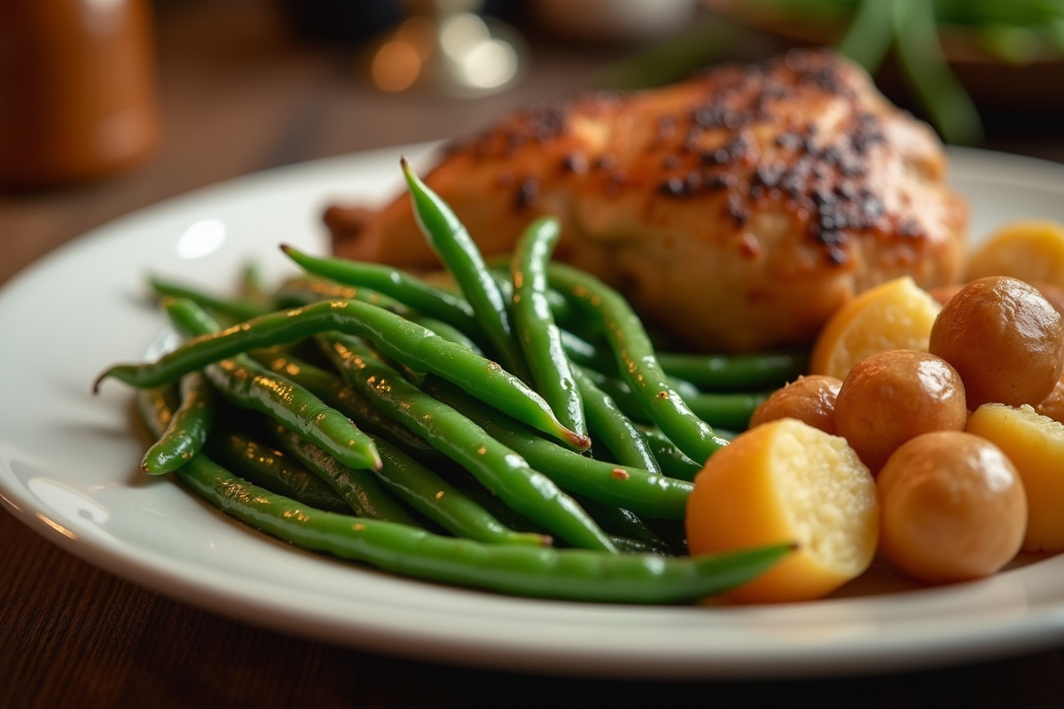 Haricots verts cuits en accompagnement d un poulet rôti