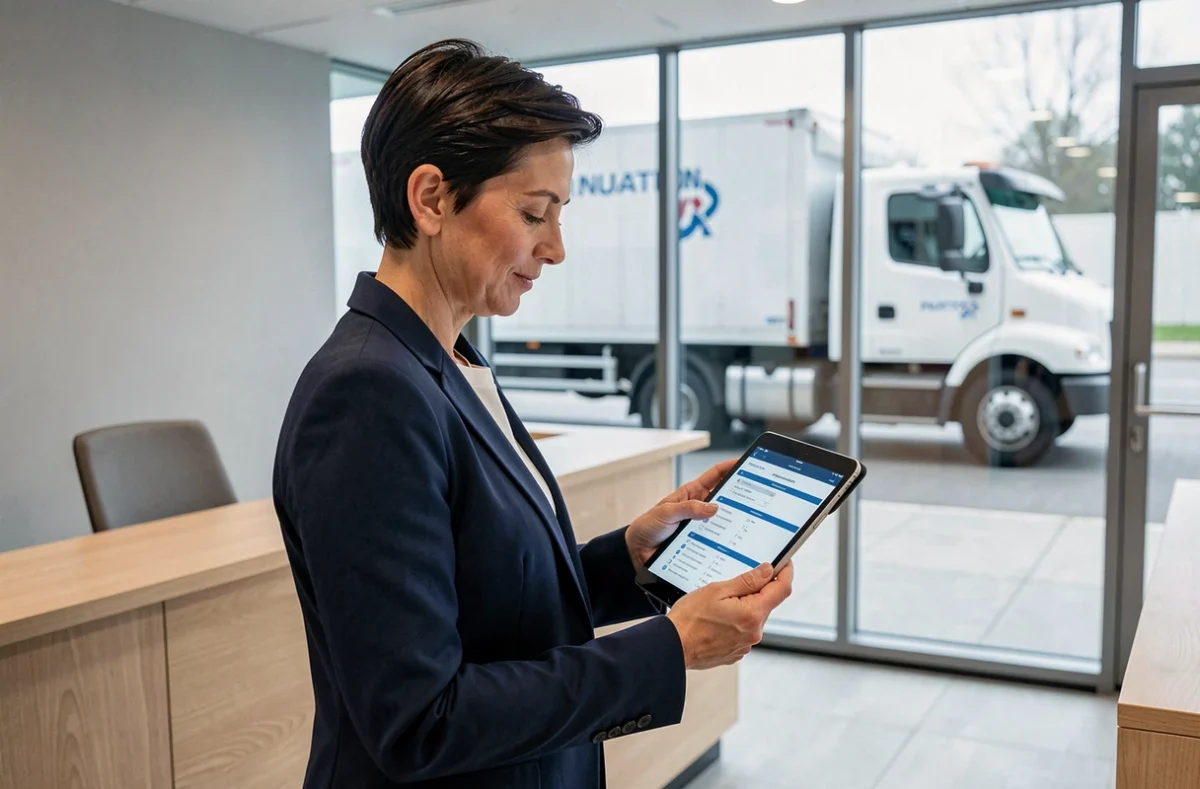 Consultante en mobilité d'Hexvia Mobilité vérifiant un inventaire dans un espace de bureau moderne
