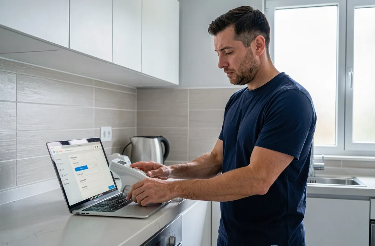 Homme activant le répondeur Free sur téléphone fixe sans fil depuis son espace cuisine