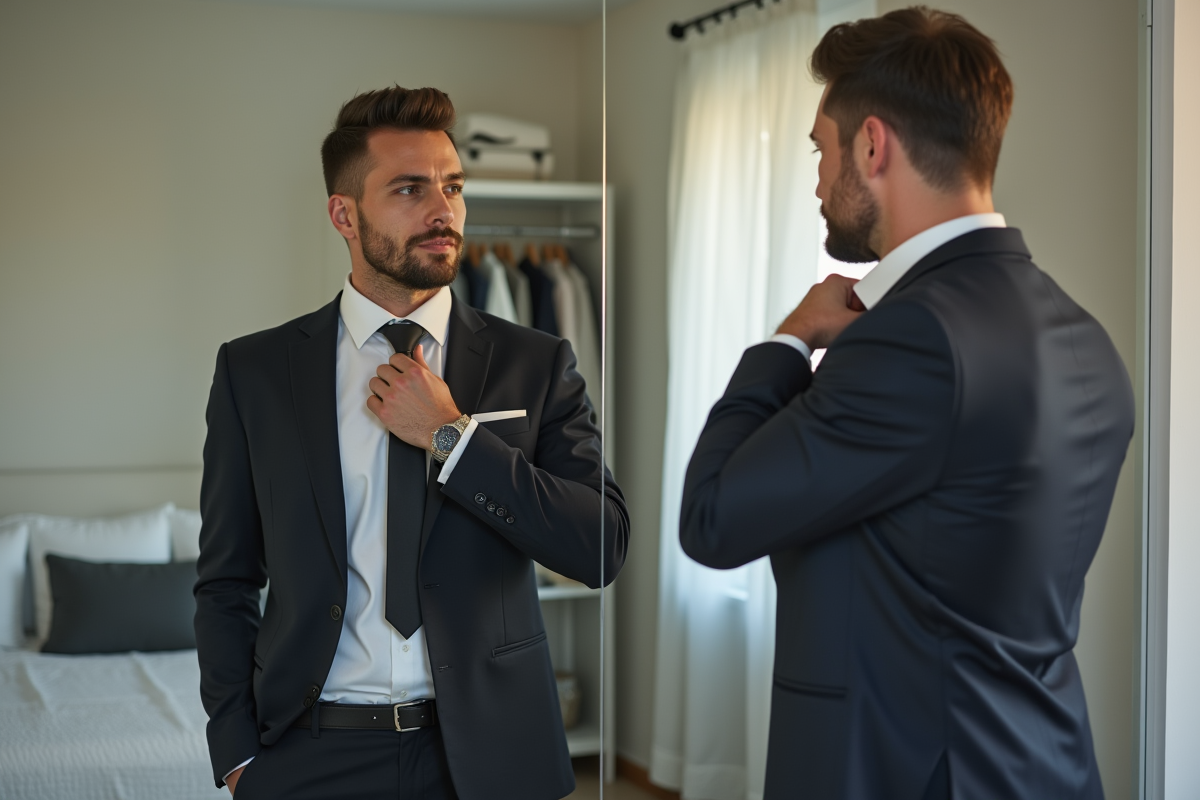 Homme bien habille ajustant sa cravate dans une chambre lumineuse