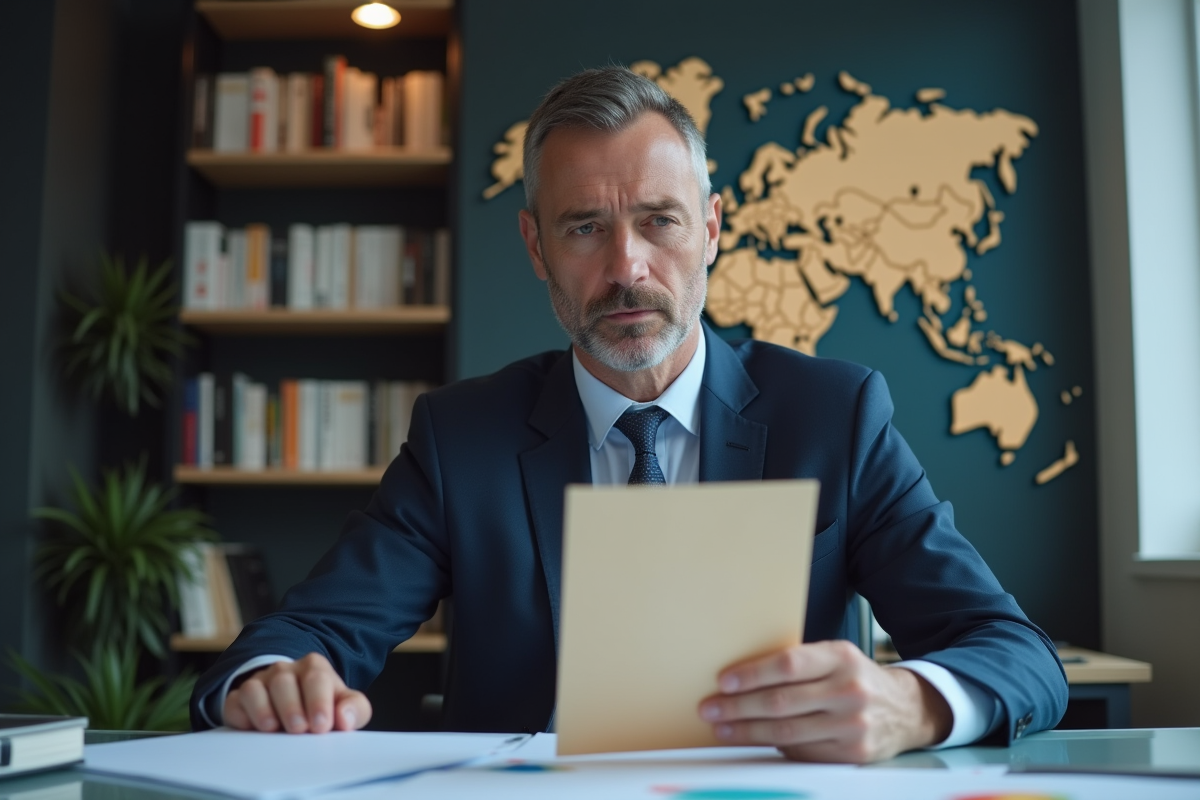 Homme d'affaires en costume tenant une enveloppe dans un bureau moderne
