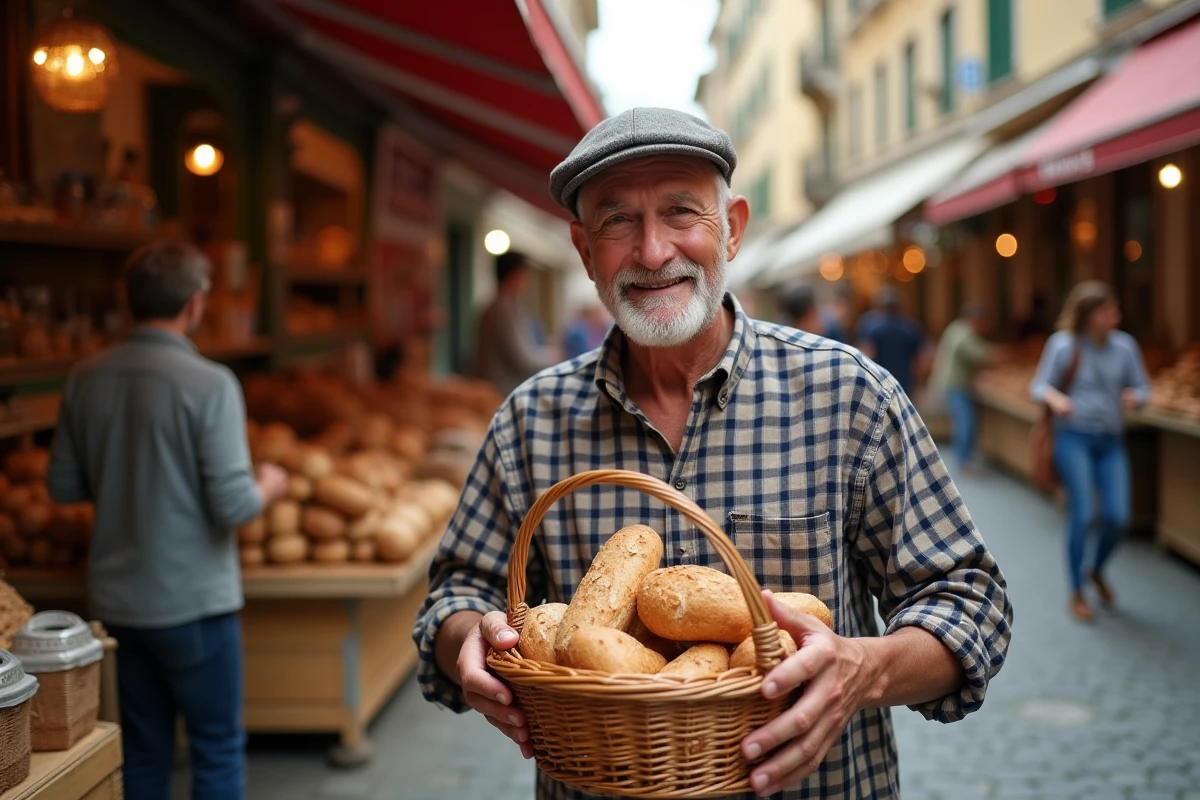 Homme âgé offrant un panier de pain artisanal au marché