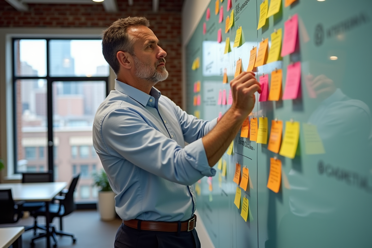 Homme en coworking collant des notes colorées sur un mur
