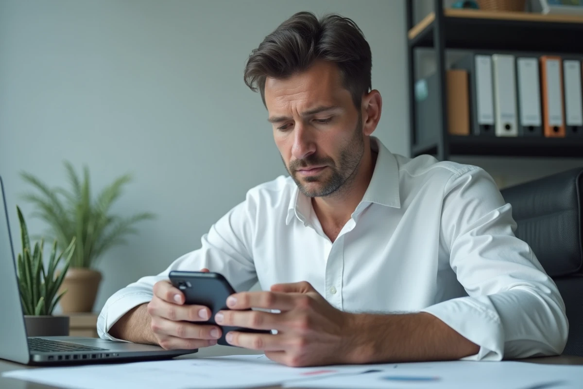 Homme en bureau consultant un appel manqué d'un numéro inconnu sur son téléphone