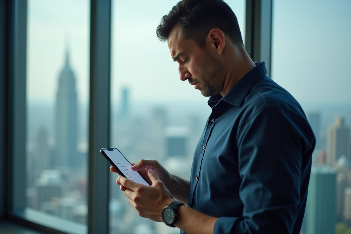 Homme en bureau consultant les paramètres de messages bloqués sur un téléphone Android