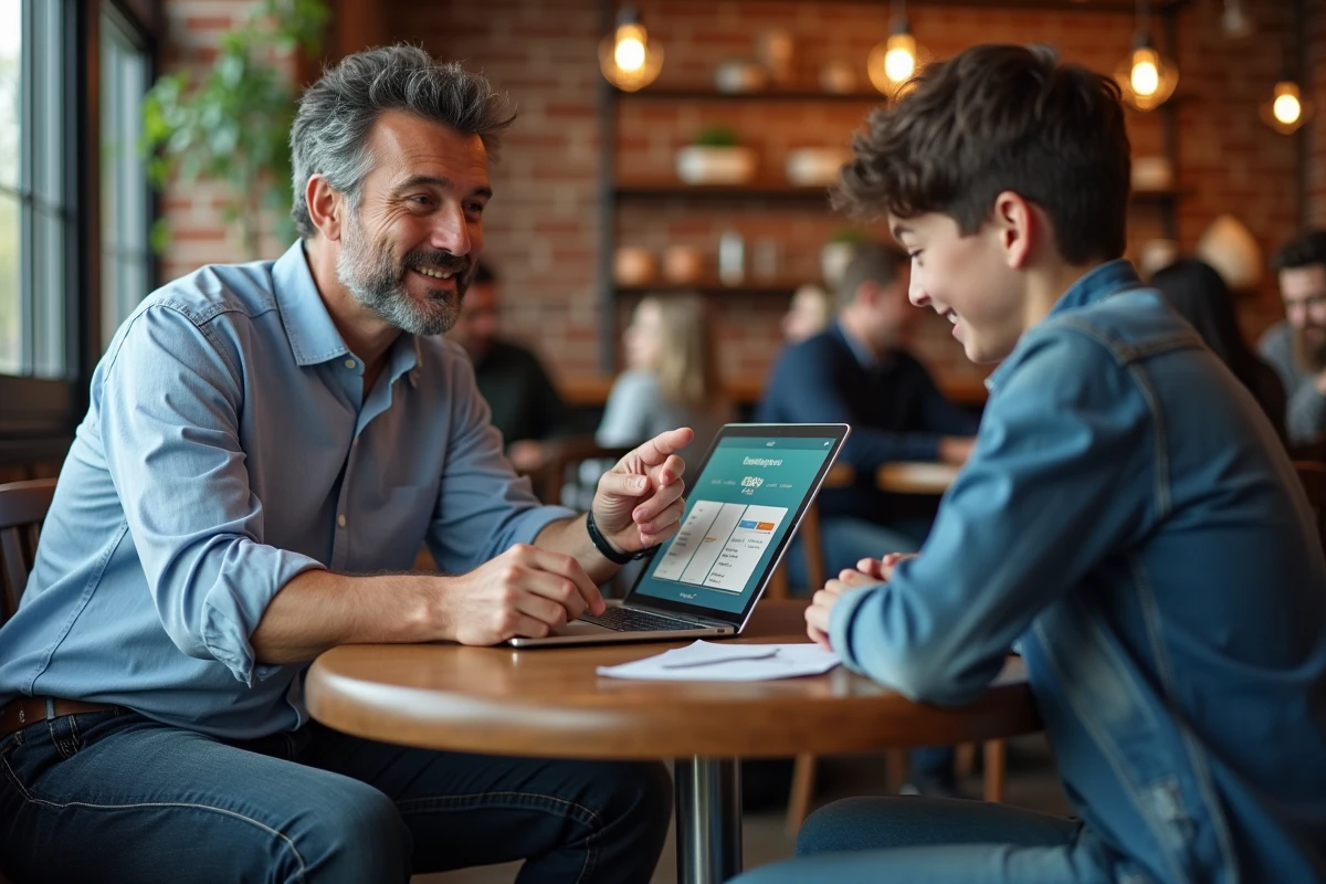 Homme expliquant lapplication Crunchyscan à un adolescent au cafe