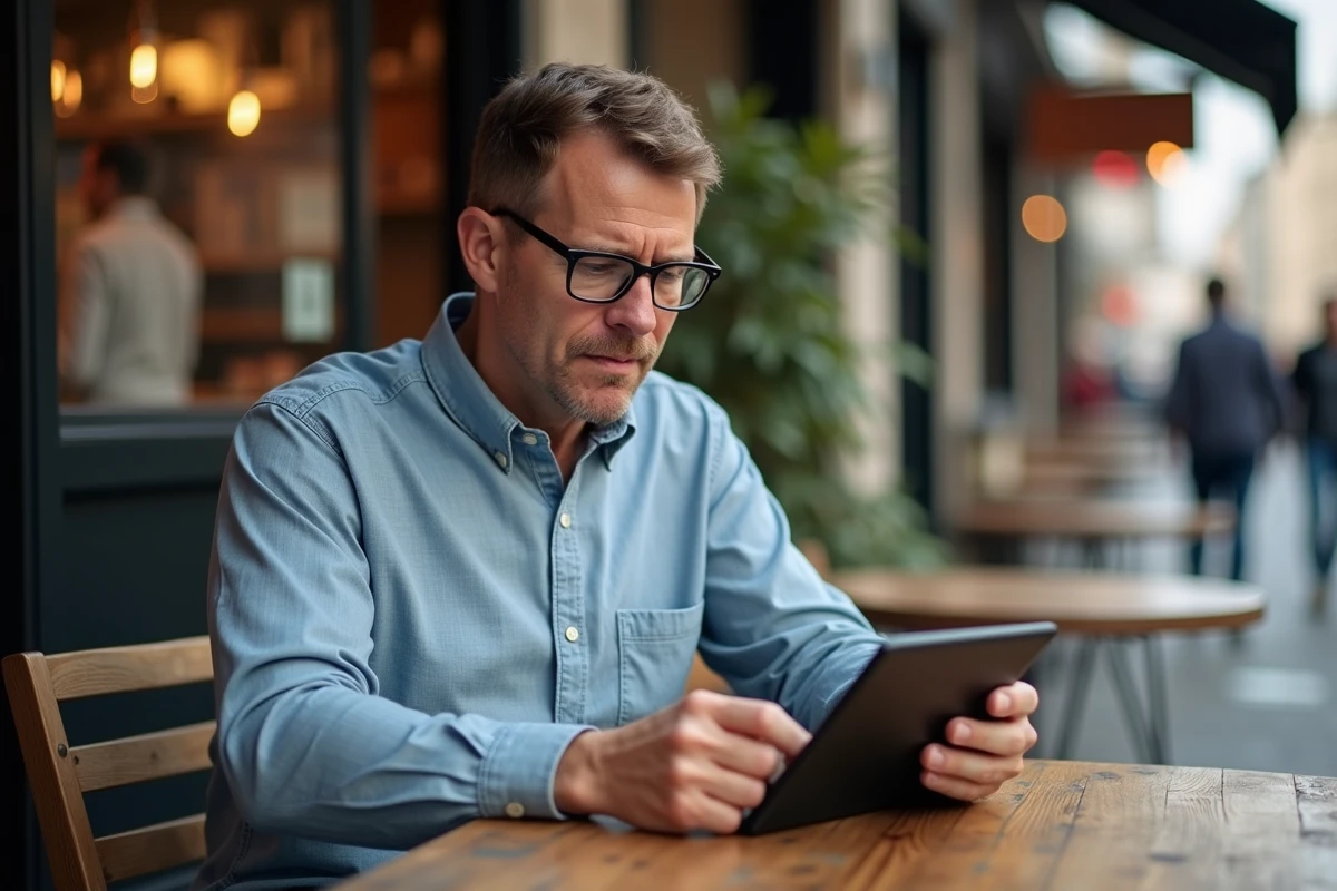 Homme lisant un ebook dans un caf&eacute; en ville