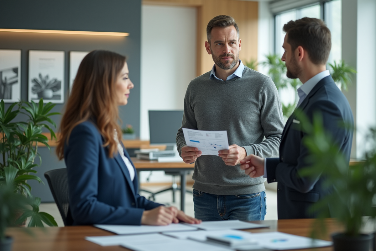 Homme discutant avec un conseiller bancaire dans un bureau lumineux
