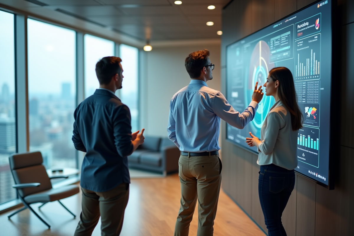 Homme en réunion discutant d interfaces avec collègues