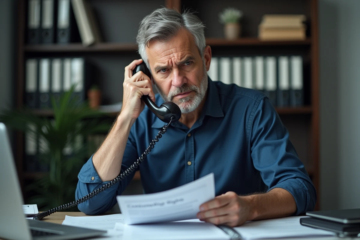 Homme consultant ses droits contre les appels commerciaux abusifs depuis son bureau à domicile