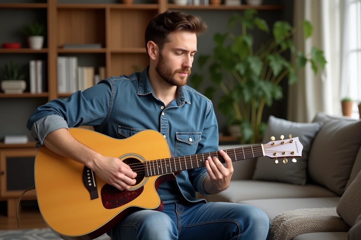 Homme jouant le accord B7 sur une guitare acoustique